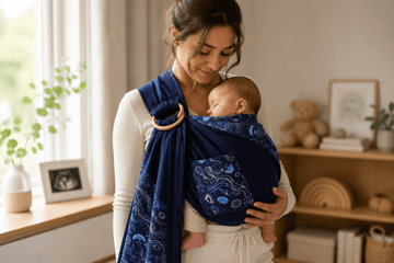 Mother wearing a newborn baby carrier in a navy blue wrap carrier, smiling down at her sleeping baby in a bright minimalist nursery