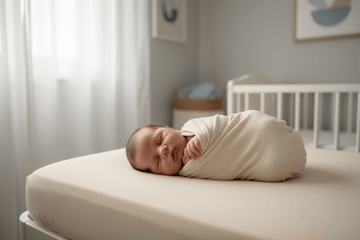 A peaceful newborn swaddled comfortably on a crib mattress, illustrating the newborn sleep guide.