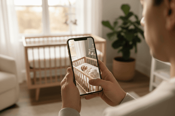 Parent checking live ai baby monitor feed on smartphone in a bright minimalist home setting