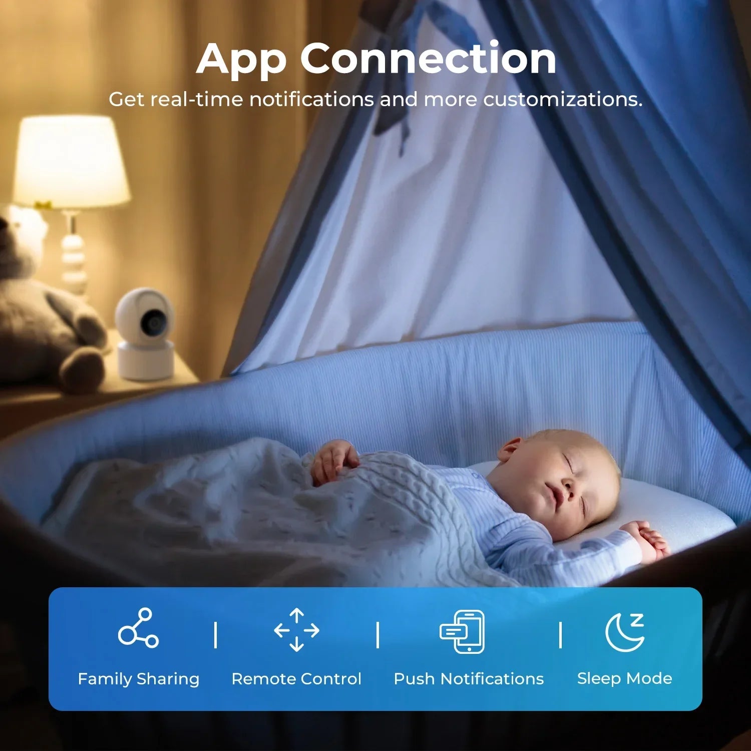 AI WiFi baby monitor viewing baby sleeping in crib at night