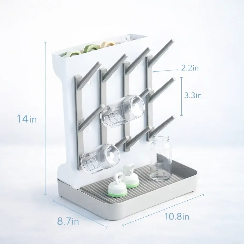 Baby bottle drying rack with bottles and accessories displayed, labeled measurements shown