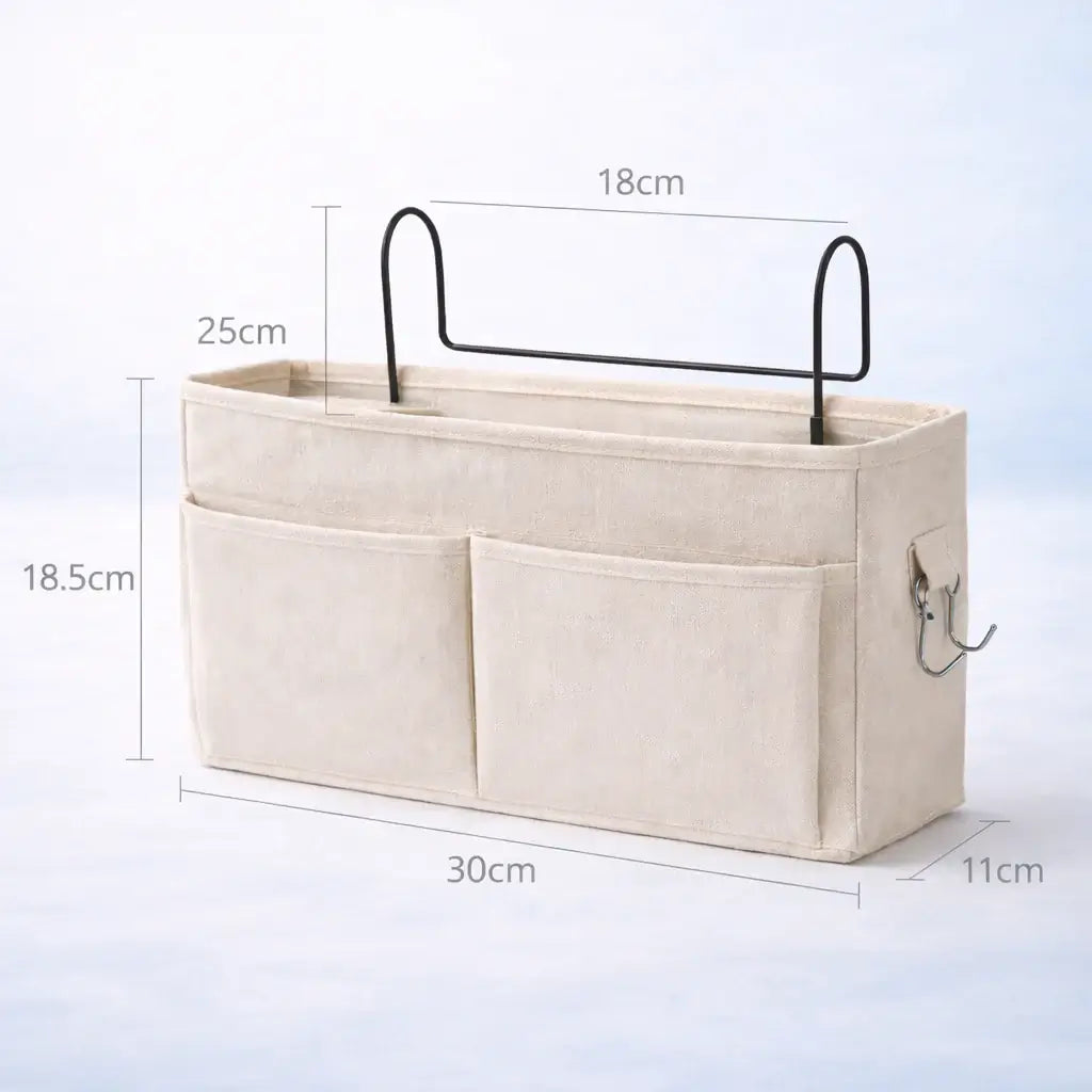 Bedside Baby Organiser – Beige storage basket with dimensions labeled on a light blue background