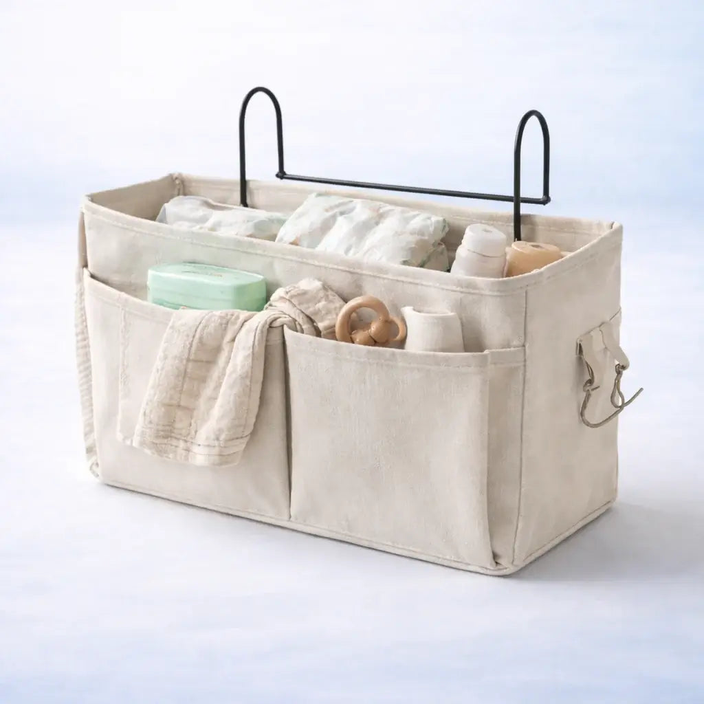 Bedside Baby Organiser – Beige storage caddy with multiple compartments holding various items on a light blue background