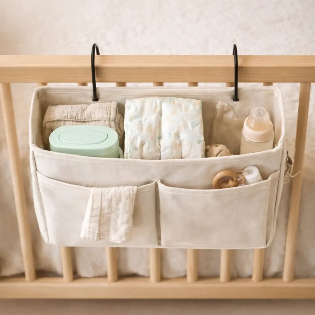 Bedside Baby Organiser attached to crib rail with nappies, wipes and baby essentials neatly stored