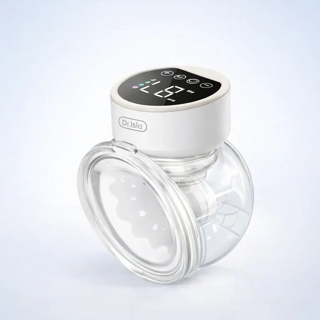 Wearable Breast Pump - White baby bottle warmer with digital display on a light gray background