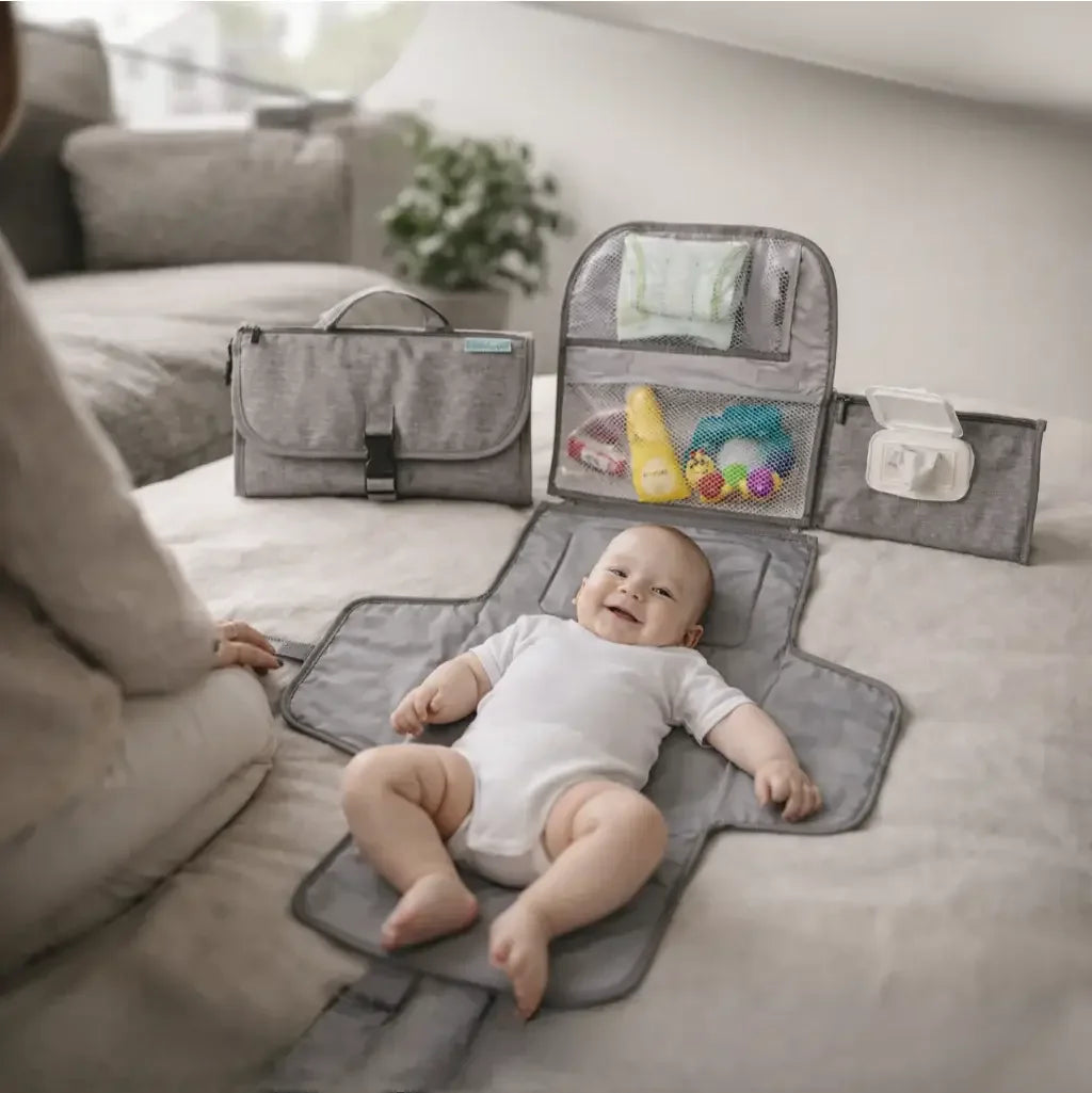 Portable baby changing pad with organizer pockets, baby lying on mat, indoor setting