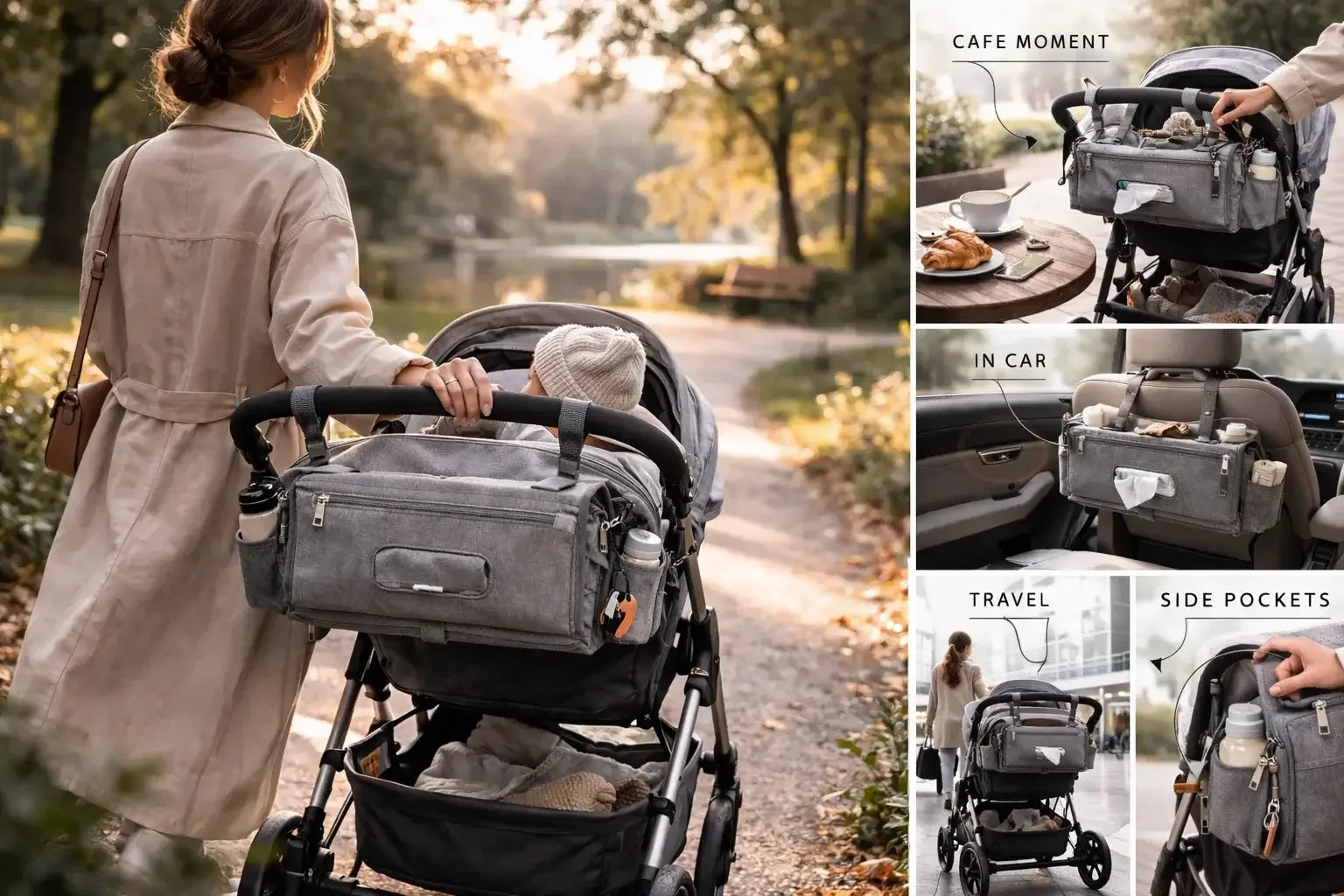 Gray stroller organizer bag with multiple pockets shown outdoors, in car, and for travel use.