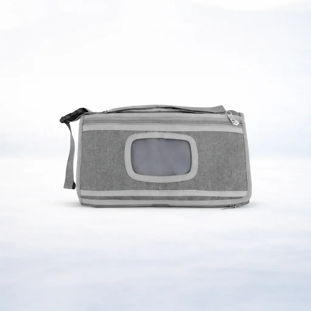 Gray portable diaper changing pad with carrying handle and front window pocket