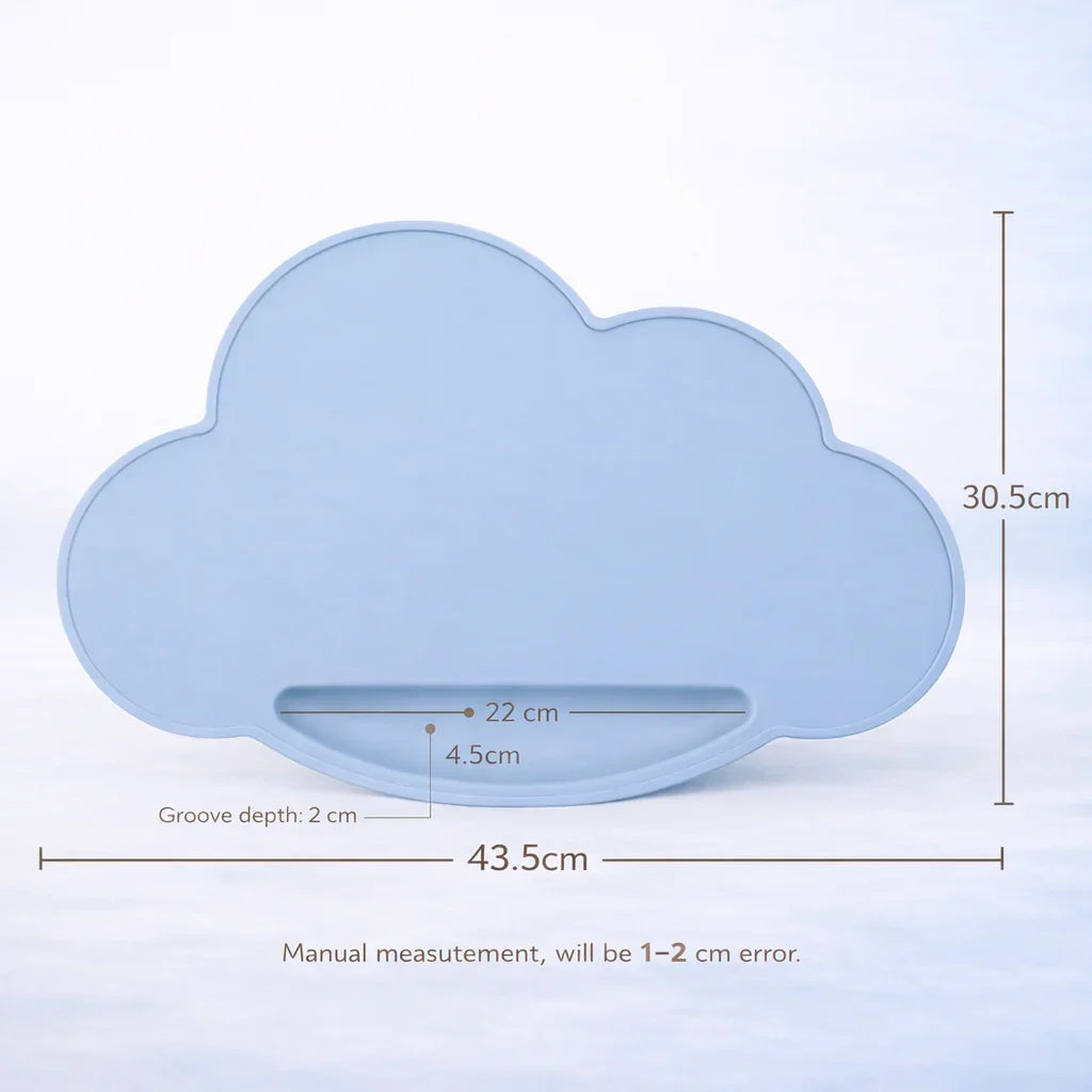Blue cloud-shaped silicone mat with measurements labeled for kids or nursery use