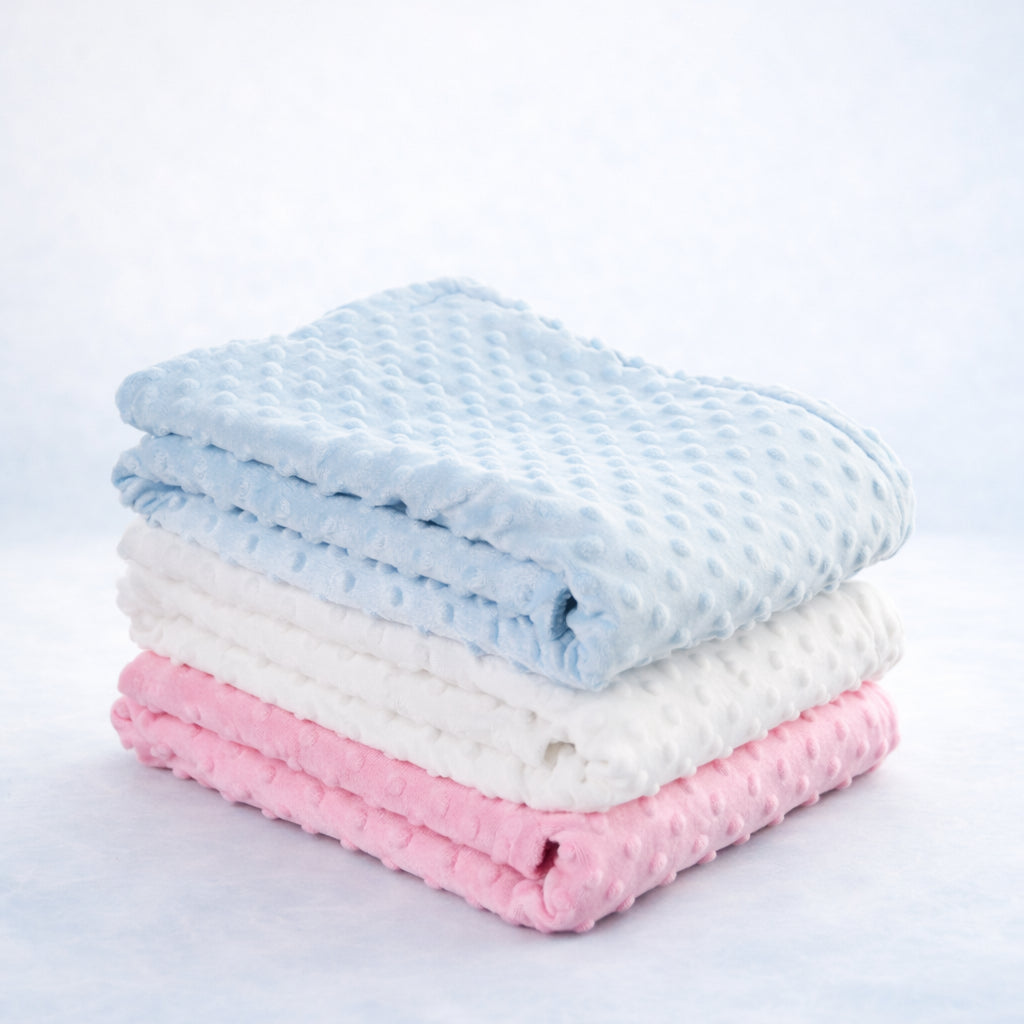 Cozy Blanket Winter - Stack of cozy autumn winter baby blanket in blue, pink, and white, perfect for warmth and comfort during cooler days.