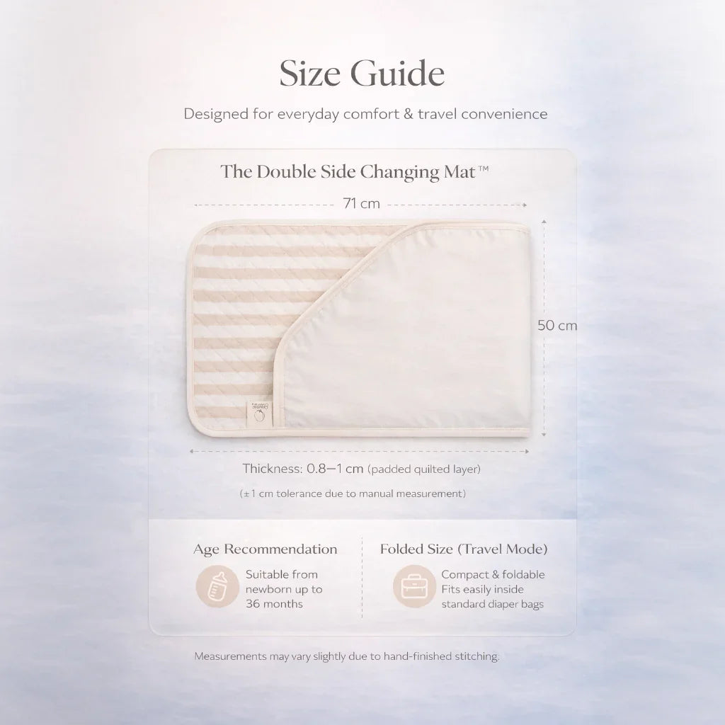 Double sided changing mat size guide, 71x50cm, suitable for infants, foldable for travel.