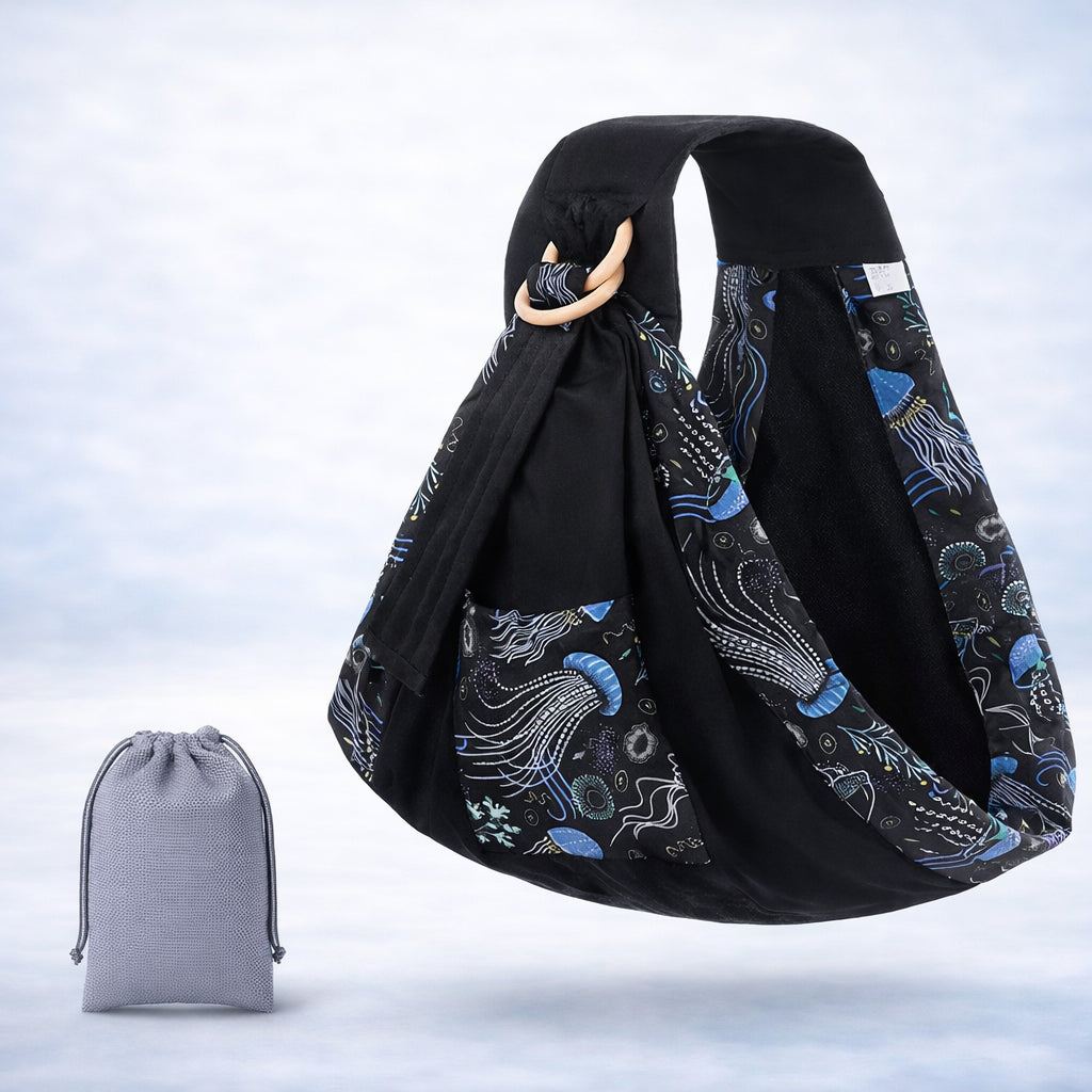 Stylish Embrace Wrap™ baby wrap newborn sling with ergonomic design in black and blue pattern, perfect for comfortable carrying.