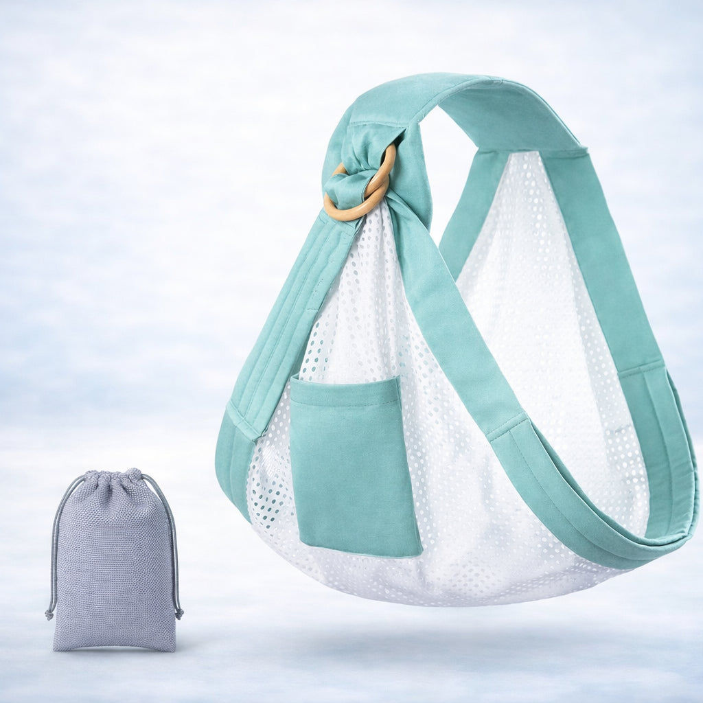 Aqua Embrace Wrap™ baby wrap newborn sling for ergonomic and comfortable carrying, includes soft cotton material and travel pouch.