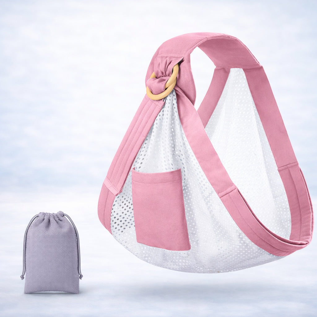 Pink Embrace Wrap™ baby wrap newborn sling on display with carry pouch.