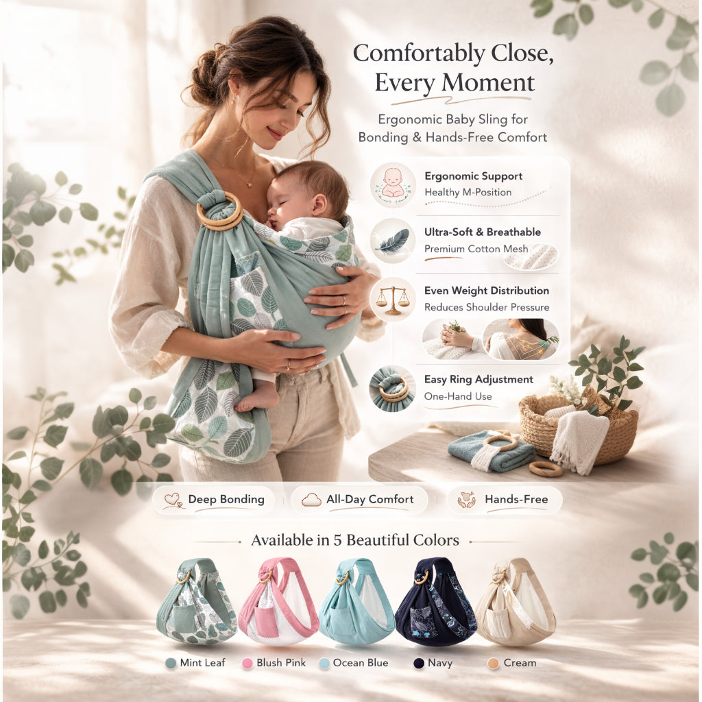 Mother wearing Embrace Wrap™ baby wrap newborn sling in mint, holding baby, showcasing ergonomic support and breathable cotton material.