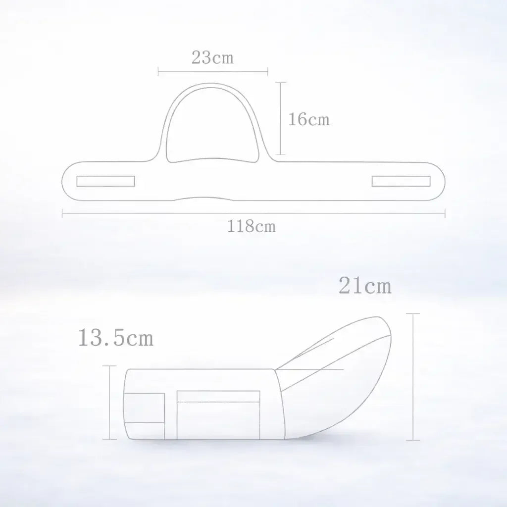 Ergonomic baby carrier size diagram with detailed measurements in centimeters