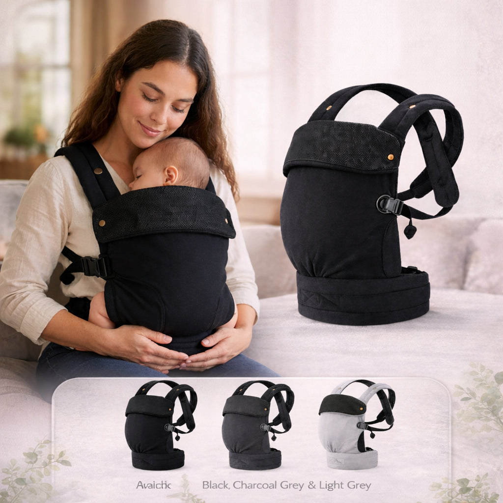 Little Carry - Woman holding a baby in a black baby carrier with additional views of the carrier on a couch.