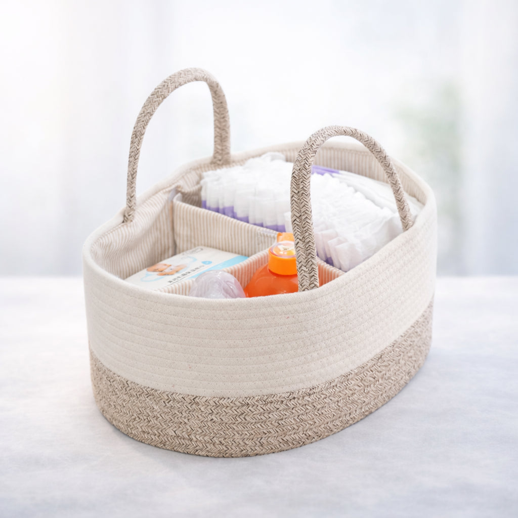 Nursery Basket™ - cotton rope diaper basket with large capacity, featuring multiple compartments for baby essentials, perfect for organized stroller outings.