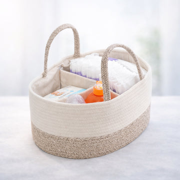 Nursery Basket™ - cotton rope diaper basket with large capacity, featuring multiple compartments for baby essentials, perfect for organized stroller outings.
