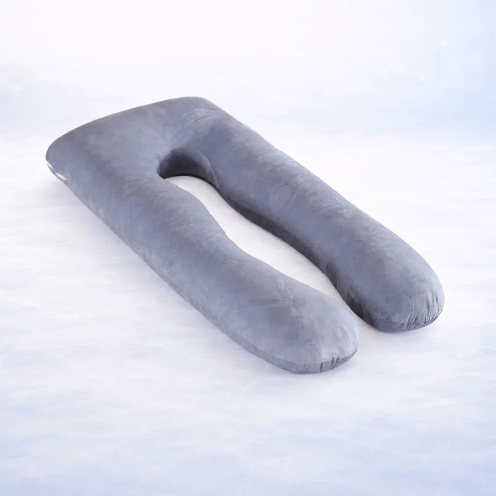 Gray U-shaped fleece pregnancy pillow on a light background