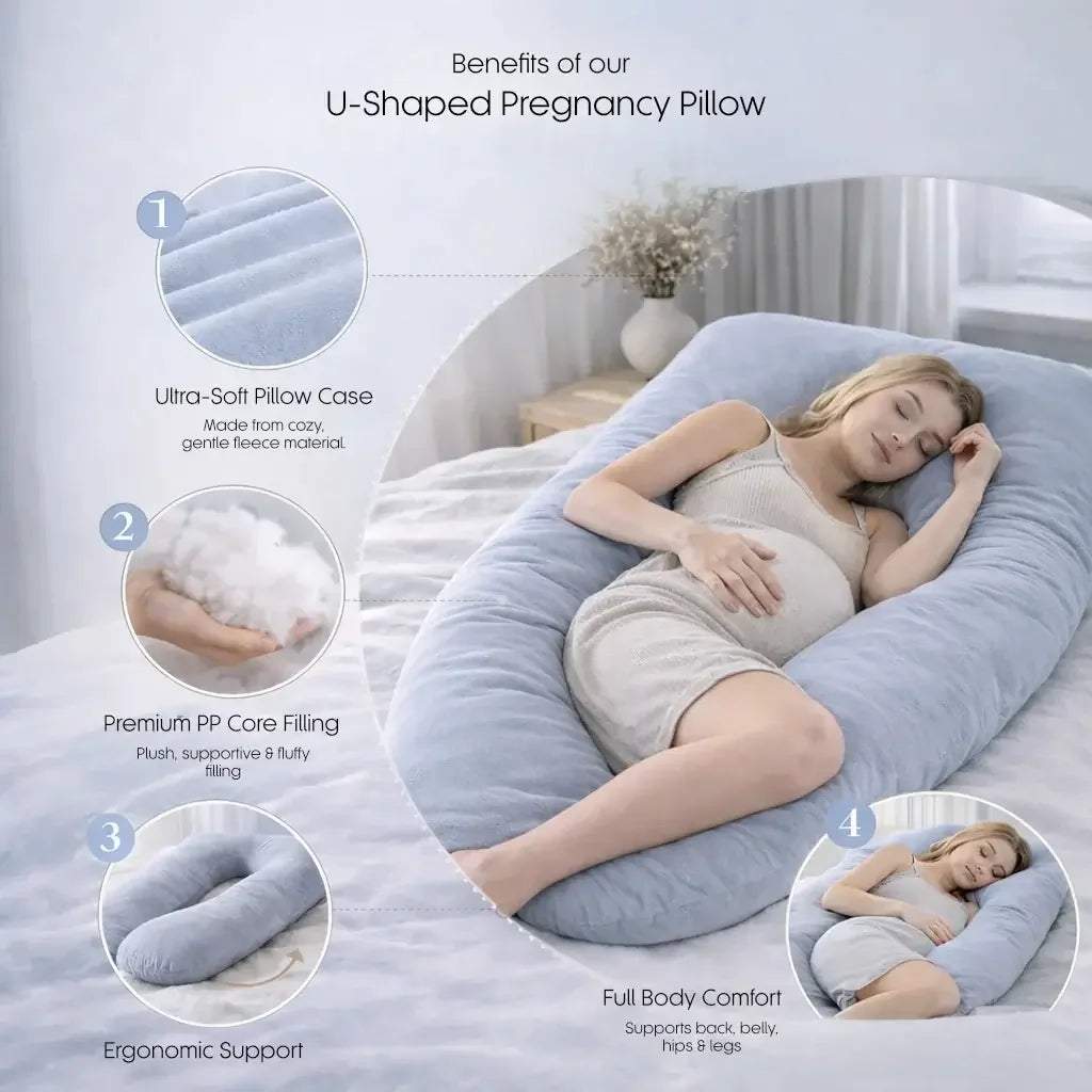 Pregnant woman resting on a U-shaped pregnancy pillow with ultra-soft cover and ergonomic support