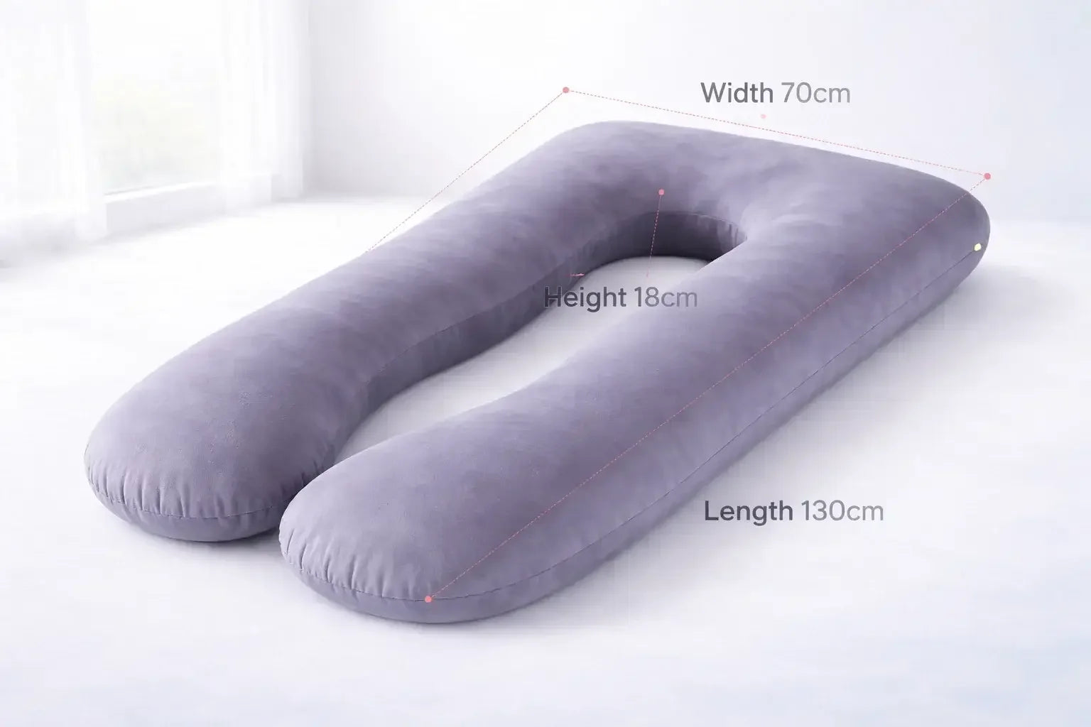 U-shaped grey pregnancy pillow with dimensions labeled: 130cm length, 70cm width, 18cm height