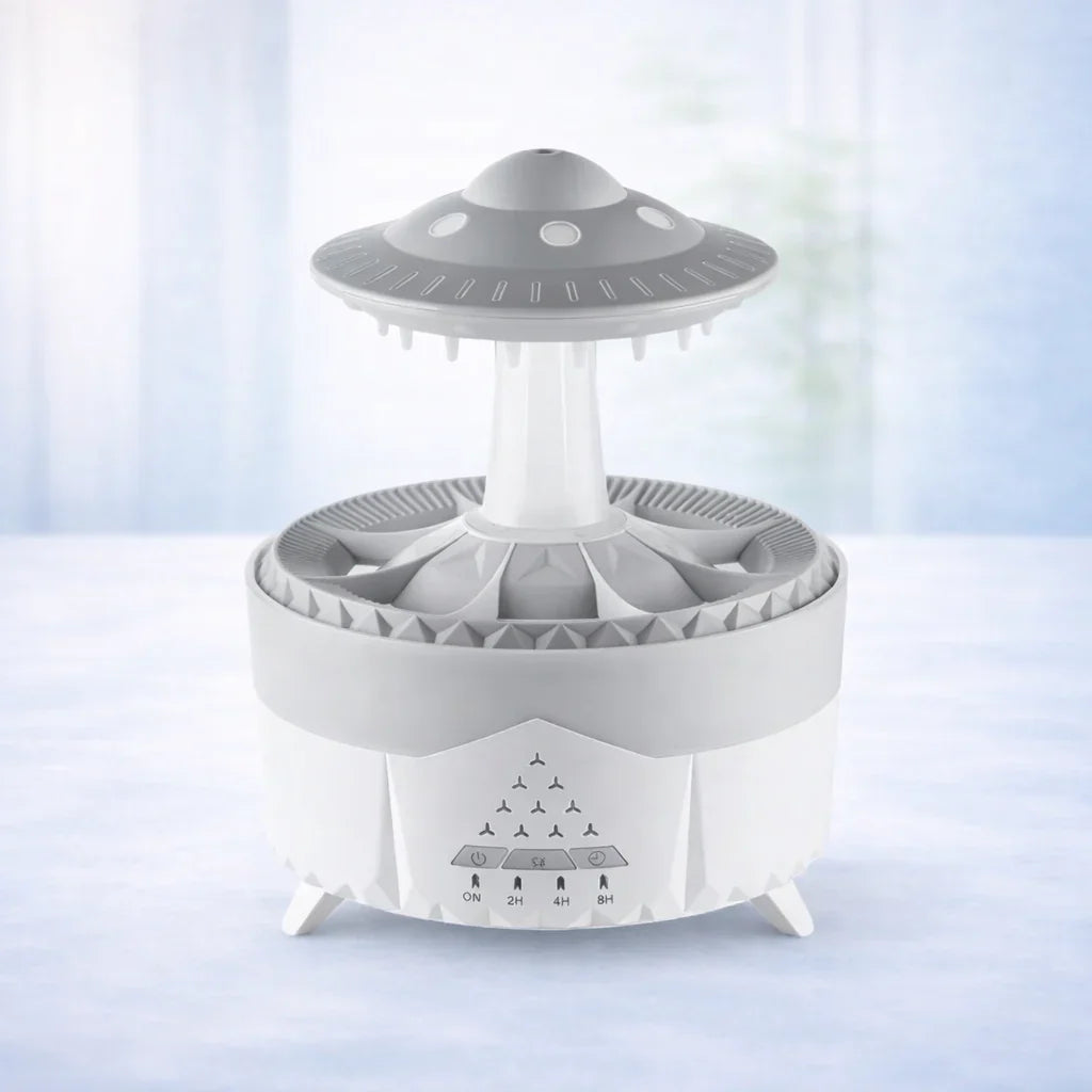 Modern white tabletop humidifier shaped like a UFO with control buttons, on a light background