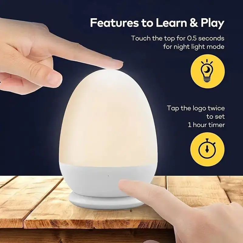 Hands interacting with a portable touch egg lamp on a wooden table, showing intuitive touch controls for soft ambient lighting.