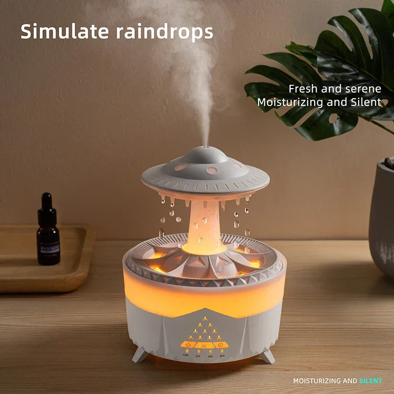 UFO-shaped humidifier with simulated raindrops and LED light on wooden table