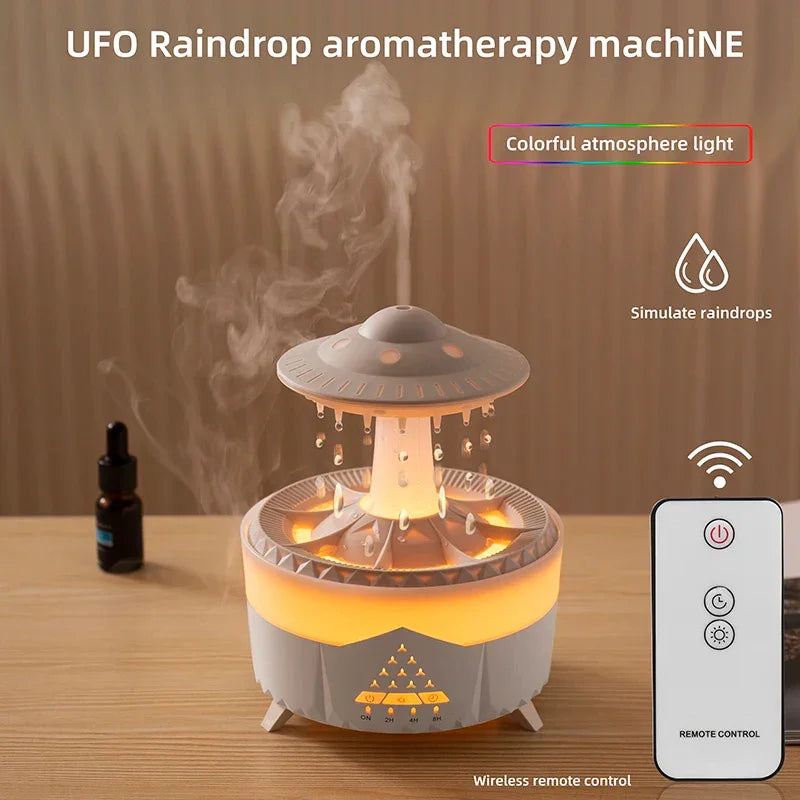 UFO-shaped aromatherapy diffuser with raindrop simulation, colorful LED light, remote control