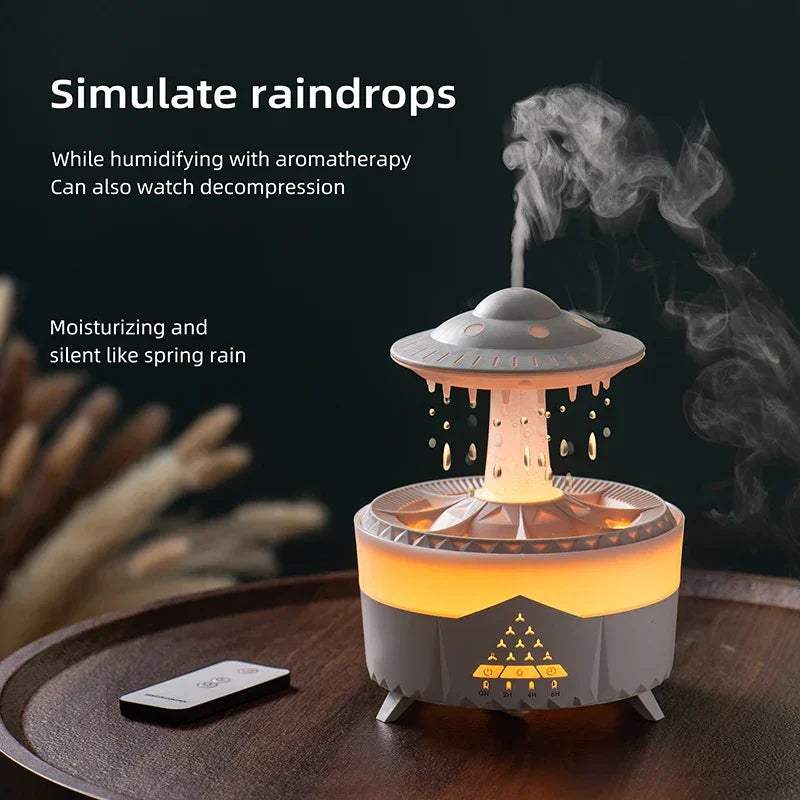 UFO-shaped aromatherapy humidifier simulating raindrops with LED light and remote on table