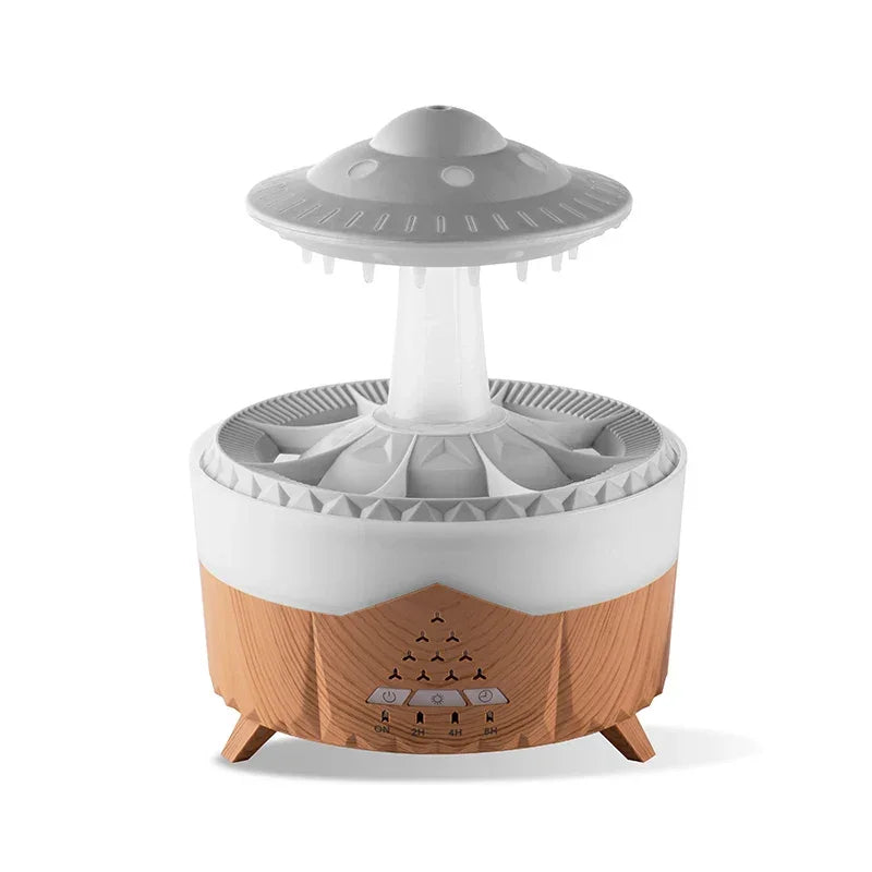 Modern UFO-shaped essential oil diffuser with wood grain base and control buttons