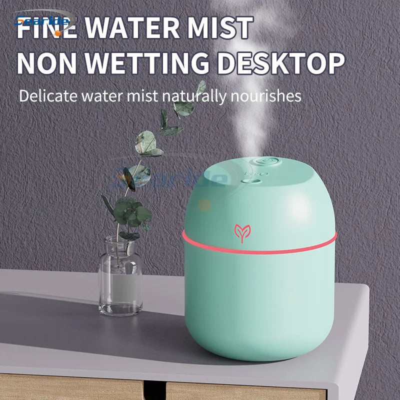 Mini USB Humidifier Diffuser – Compact Moisture & Calm Air Comfort on a desk with fine mist and ambient lighting