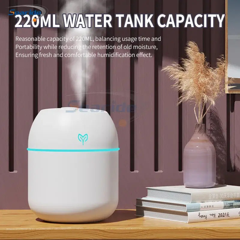 Mini USB Humidifier Diffuser – Compact Moisture & Calm Air Comfort with 220ml water tank capacity, perfect for small spaces.