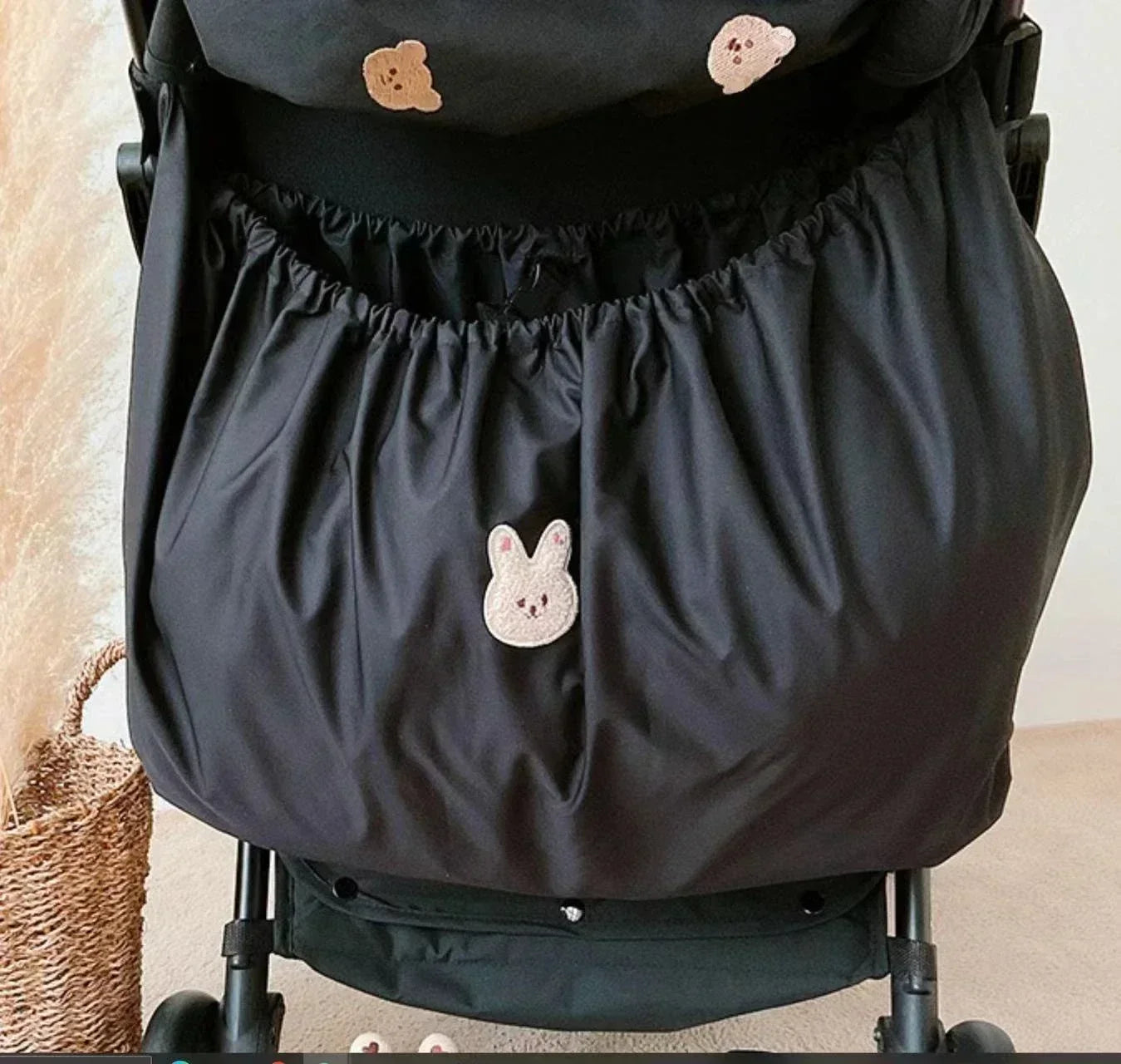 Reusable Stroller Pouch - Black stroller cover with cute animal face embroidery, nursery decor, baby accessory