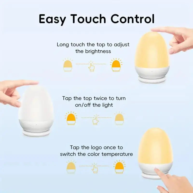 Instructions for operating the portable touch egg lamp with easy touch control for adjusting brightness and color temperature.