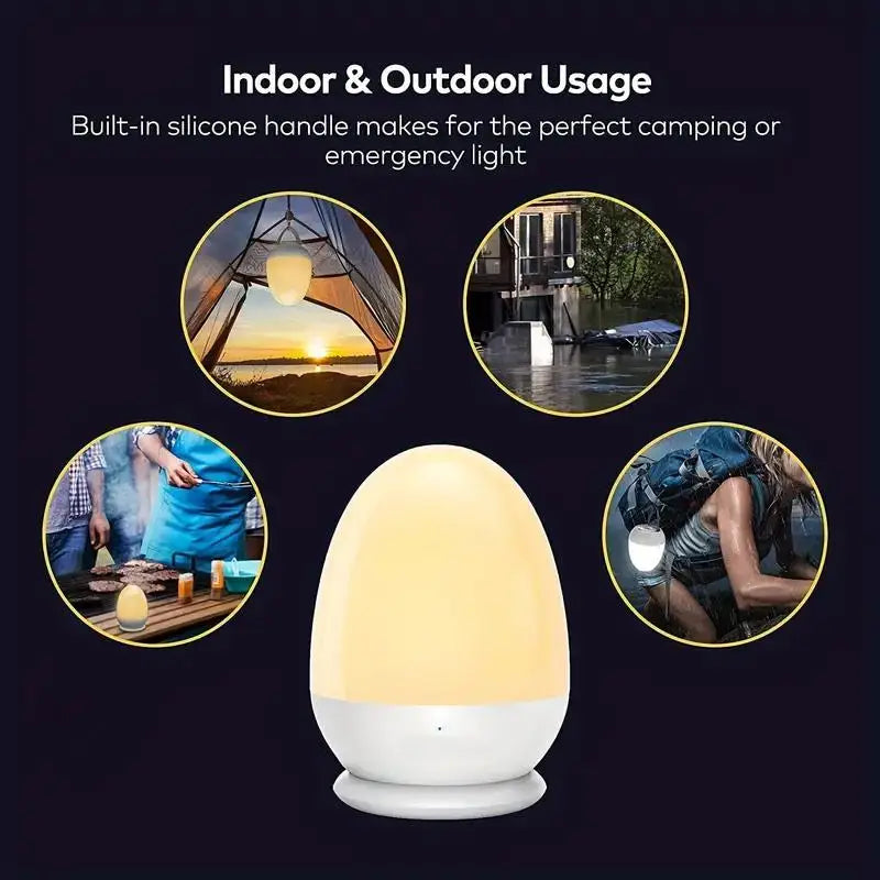 Portable touch egg lamp for indoor and outdoor use with silicone handle, ideal for camping, night time routines, and calm environments.