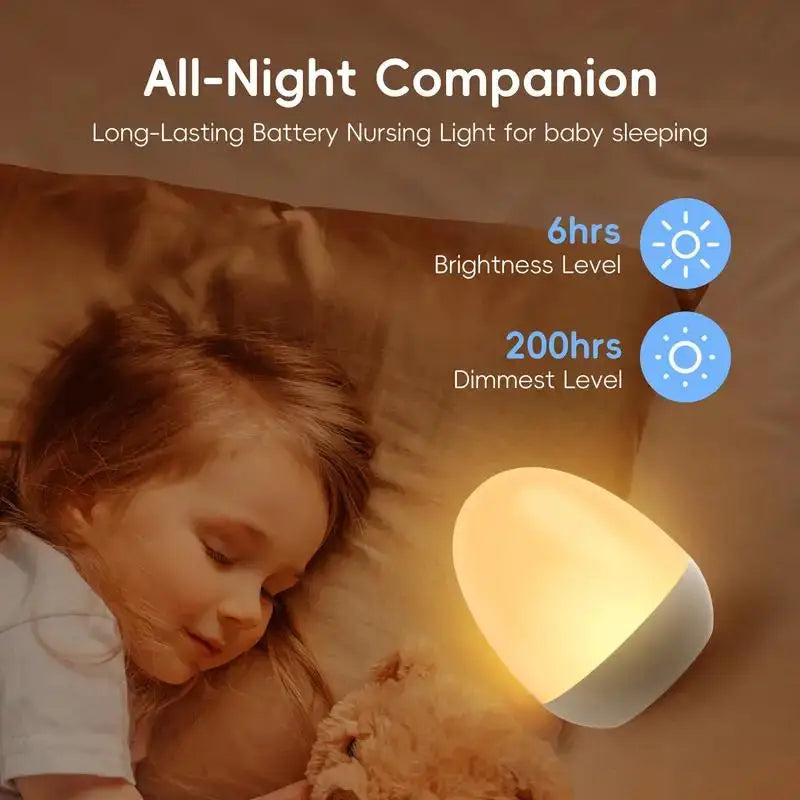 Portable touch egg lamp providing soft ambient light by a sleeping child, ideal for calm spaces and night-time routines with long-lasting battery.