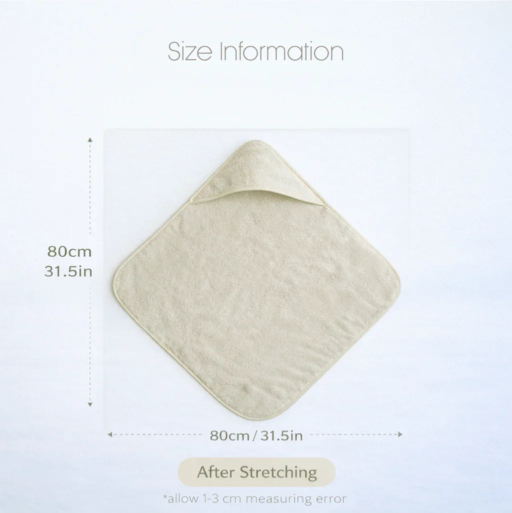 Baby Hooded Towel - Soft wrap size chart showing beige fabric, 80cm by 80cm after stretching.