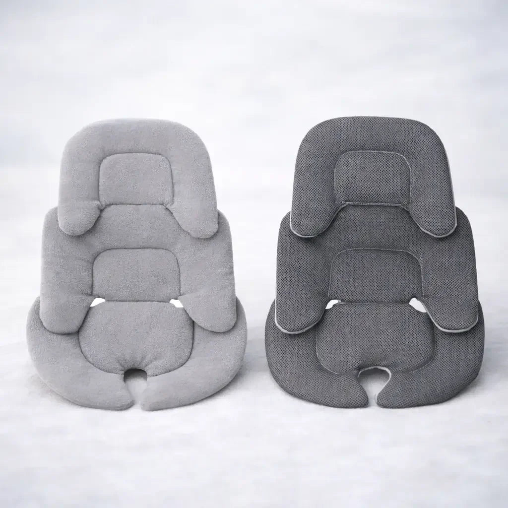 Baby Stroller Seat Pad - Two grey stroller seat cushions with contoured support and headrests on a neutral background