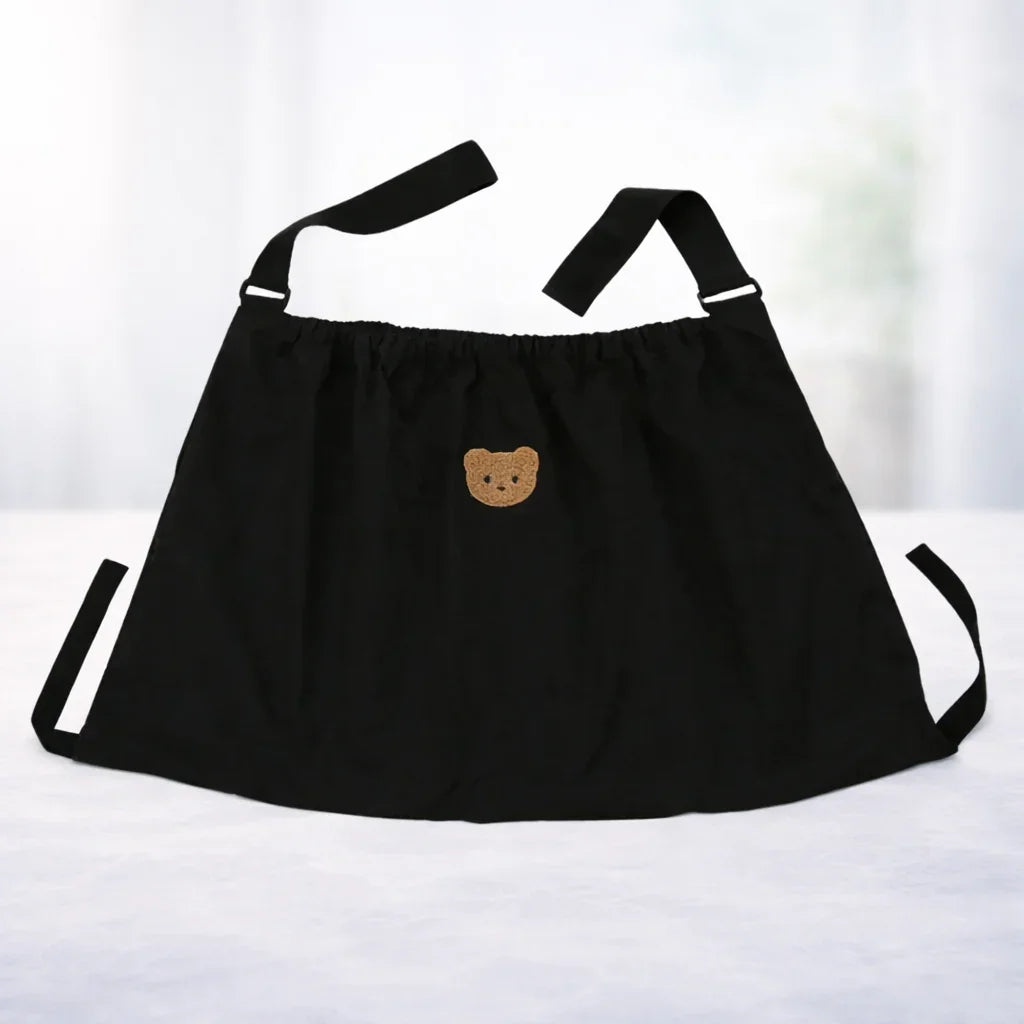 Reusable Stroller Pouch - Black stroller pouch with adjustable straps and cute brown bear face patch on front
