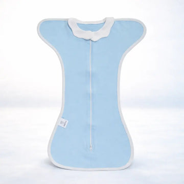 The Sleep Nest - Light blue newborn sleep sack with white edges, featuring a dual-use design for nursing and baby wrapping. Made of breathable cotton.