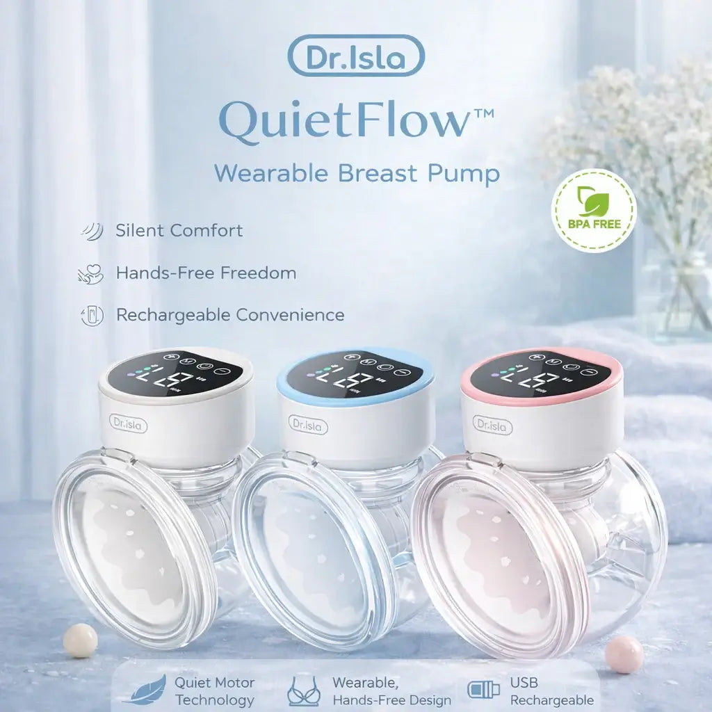 Wearable Breast Pump - Dr. Isla QuietFlow Wearable Breast Pump with three color options on a light background