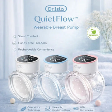 Wearable Breast Pump - Dr. Isla QuietFlow Wearable Breast Pump with three color options on a light background