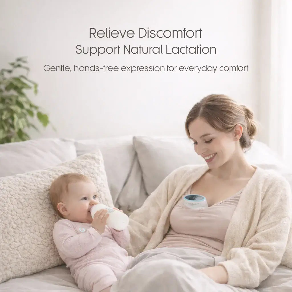 Wearable Breast Pump - Woman holding a baby and using a device to support natural lactation on a couch.