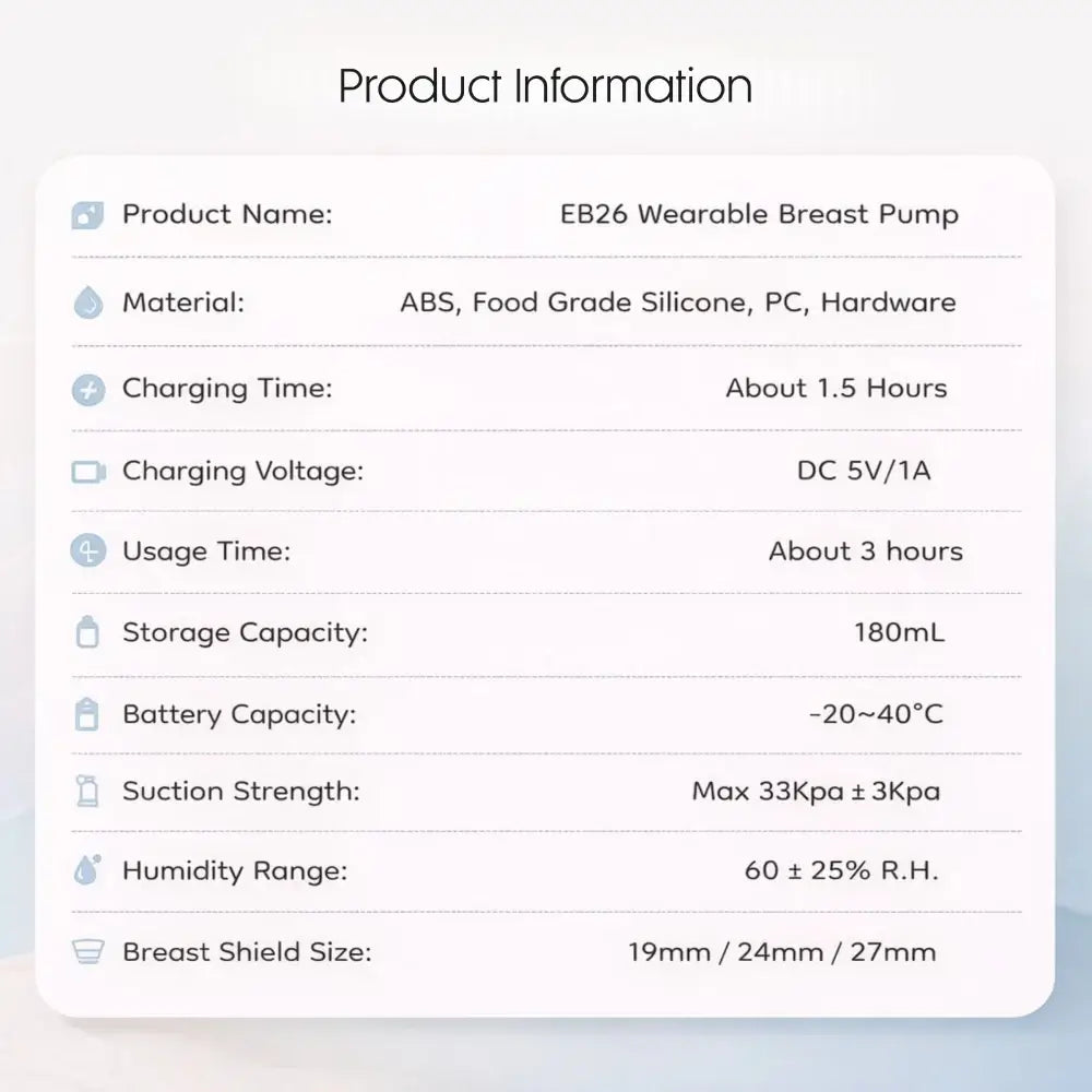Wearable Breast Pump - Product information card for EB26 Wearable Breast Pump with specifications.
