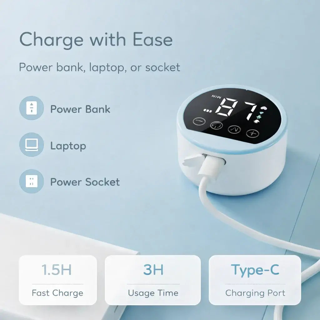 Wearable Breast Pump - White electronic device with digital display on a light blue background, featuring text and icons about charging options.