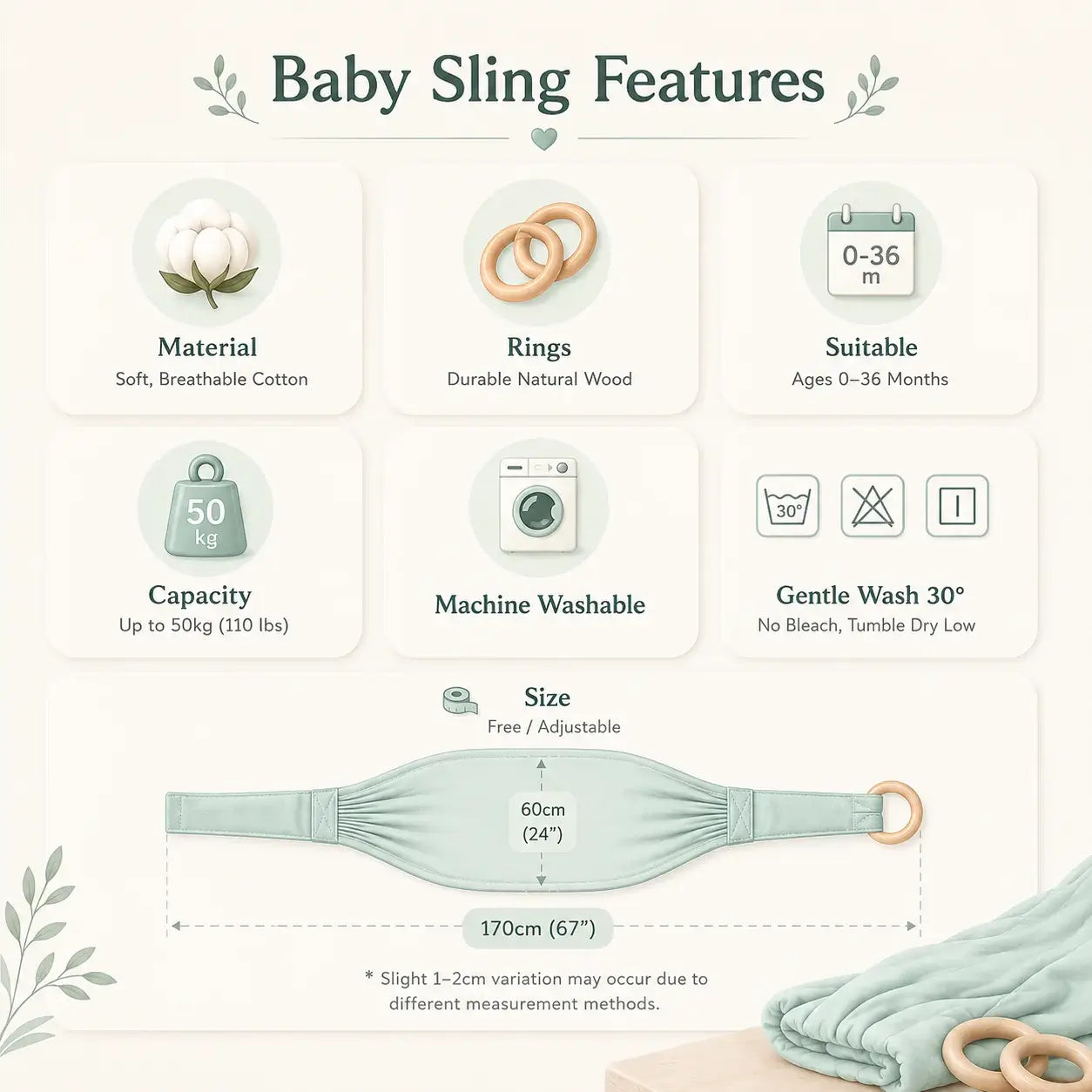 Infographic detailing features of baby wrap newborn sling, including material, capacity, and size specifications.