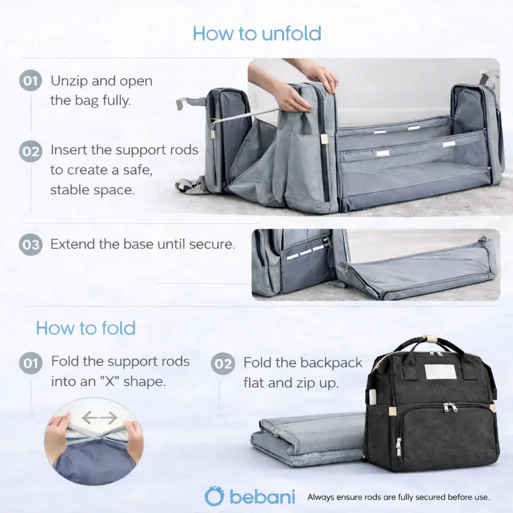 The All-In-One Diaper Bag Instructions on how to unfold and fold a baby changing bag with images and text.