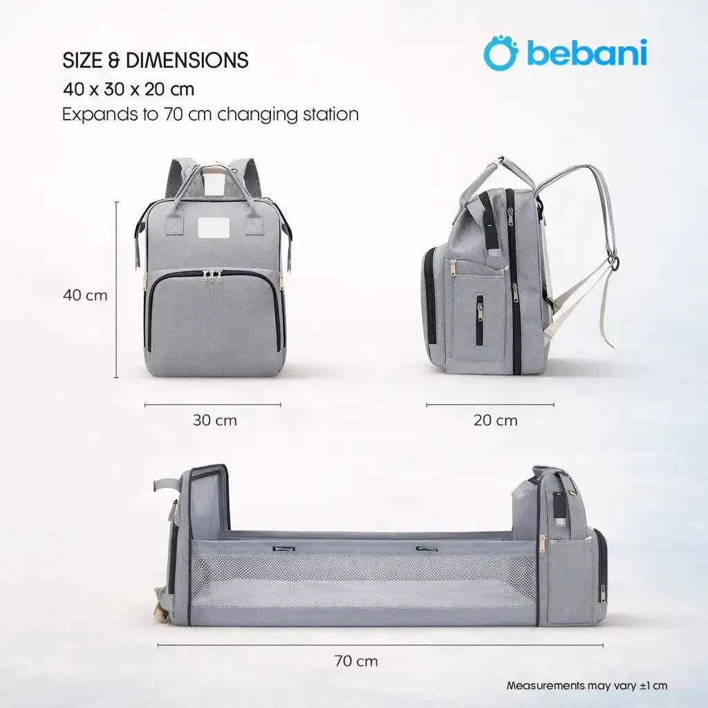 The All-In-One Diaper Bag Gray backpack with changing station feature, dimensions displayed, and bebani logo.